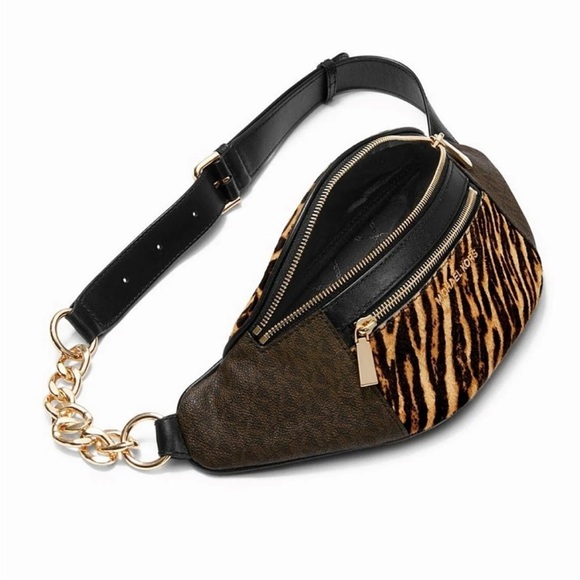 MICHAEL KORS MOTT FUR MD WAIST PACK BELT BAG BROWN MULTI WITH GOLD HARDWARE - Picture 4 of 12